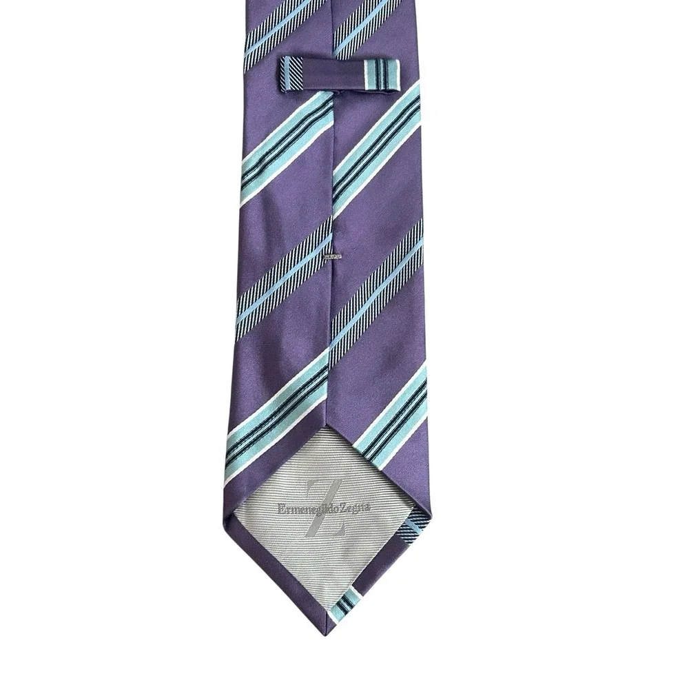 ERMENEGILDO ZEGNA‎ Mens 100% Silk Necktie ITALY Luxury STRIPED Purple/Blue